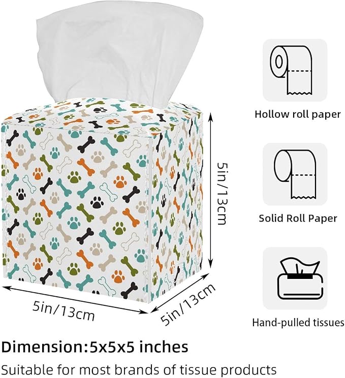 2 Pack Colored Dog Cat Paw Footprint and Bones Tissue Box Cover - Tissue Box Holder, Decorative Tissue Box for Vanity Toilet Tank Dresser Night Stand Table Countertop Office Car