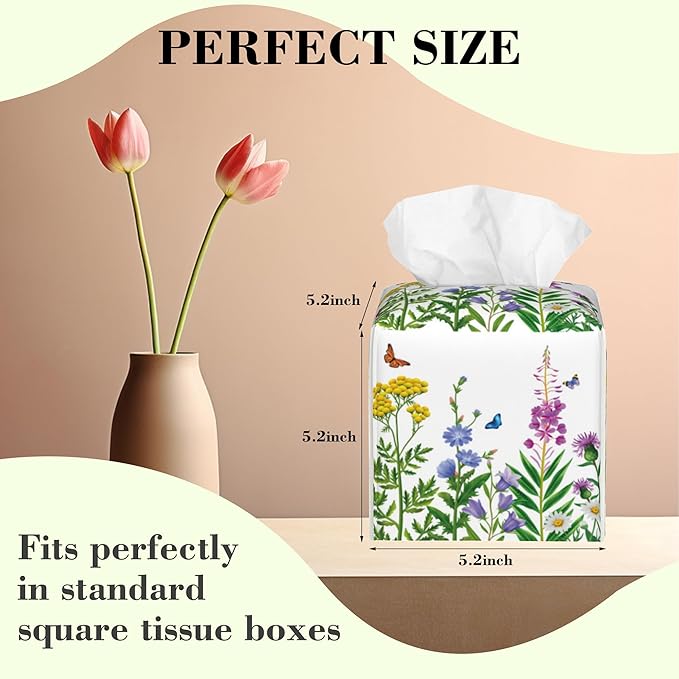 Colorful Flowers and Butterfly Tissue Box Cover,Wildflower Floral Waterproof Leather Square Tissue Box Cover Case Facial Paper Organizer Dispenser Box Holder for Home Office Bathroom Vanity Countertop