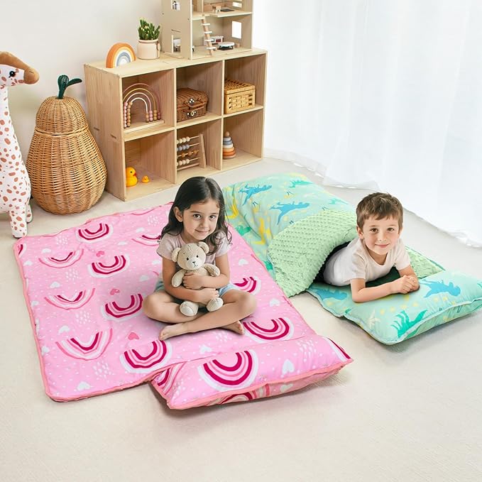 Beavtaens Toddler Nap Mat with Pillow and Minky Blanket, Large 55"x35" Sleeping Bag, Washable, Lightweight, Easy to Roll, Perfect for Preschool, Daycare, Kindergarten, Travel, Boys and Girls(Rainbow)