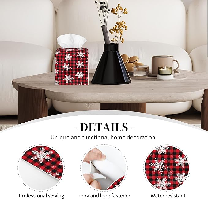 Red and Black Checkered Leather Tissue Box Holder Christmas Snowflakes Tissue Box Cover Square Waterproof Tissue Holder Organizer Modern Napkin Holder for Bedroom Dresser Night Stand Office Desk