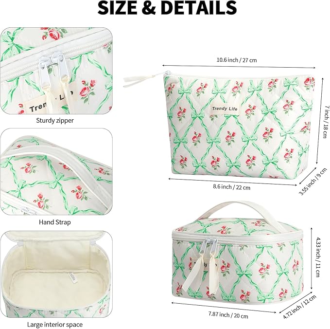 HAOGUAGUA 2 Pieces Makeup Bag, Small Large Quilted Cosmetic Bag, Travel Floral Make Up Toiletry Organizer Bag for Women Girls (2PCS STYLE B-2)