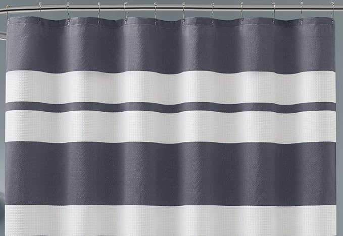 Warm Home Designs White Waffle Shower Curtain with Blue Fabric Stripes. Each Waffle Weave Shower Curtain Measures 70 x 72 Inches. Striped White & Navy Blue Shower Curtains for Bathroom. W Navy 72"