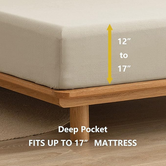 BESTOUCH Sheet Set 100% Washed Cotton Linen Feel Super Soft Comfortable Chic Lightweight 3 Pcs Home Bedding Set Solid Almond Milk Grey Twin