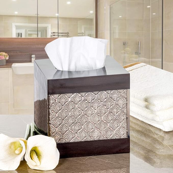 Dahlia Square Tissue Box Cover Square - Brown Tissue Box Holder Vessel - Decorative Tissue Holder for Bathroom - Elegant Brown Bathroom, Bedroom, Office Decor