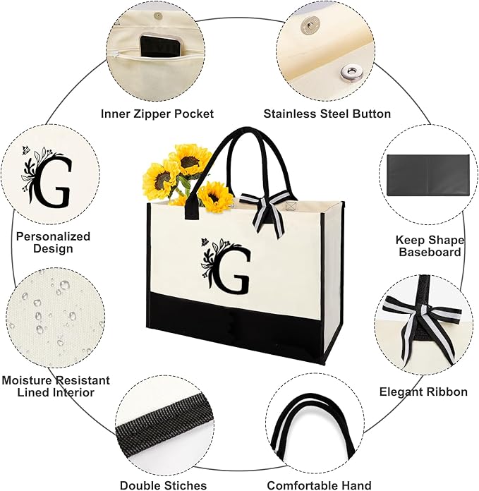 Personalized Gifts for Women - Initial Canvas Tote Bag & Makeup Bag, Custom Bags for Beach, Christmas, Wedding, Birthday, Holiday, Monogram Birthday Gifts for Women, Mom, Wife, Teacher, Friend - G
