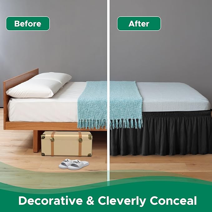 Biscaynebay Wrap Around Bed Skirts for King & Cal King Beds 19" Long Drop, Black Adjustable Elastic Dust Ruffles Easy Fit Wrinkle & Fade Resistant Silky Luxurious Fabric Solid Machine Washable