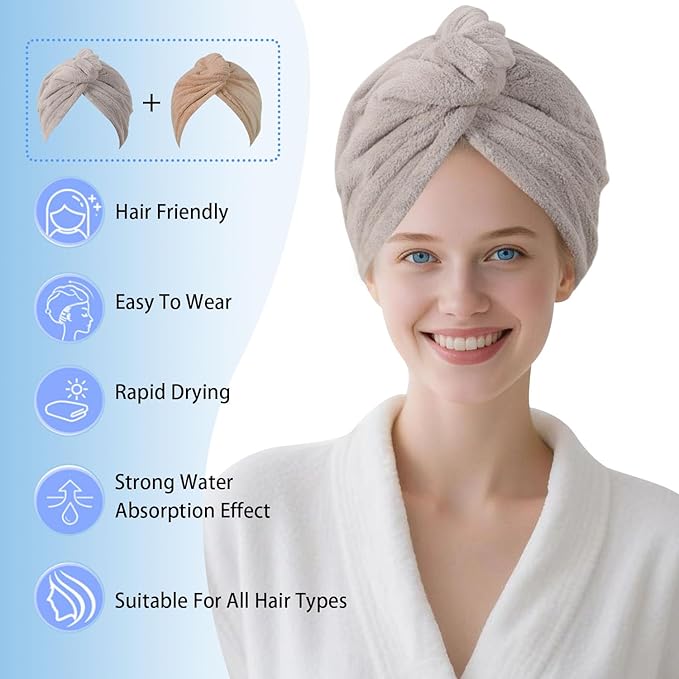 AGKXHDEC 2 Packs Single Layer Microfiber Hair Turbans - Drying Wrap for Women (Gray,Brown)