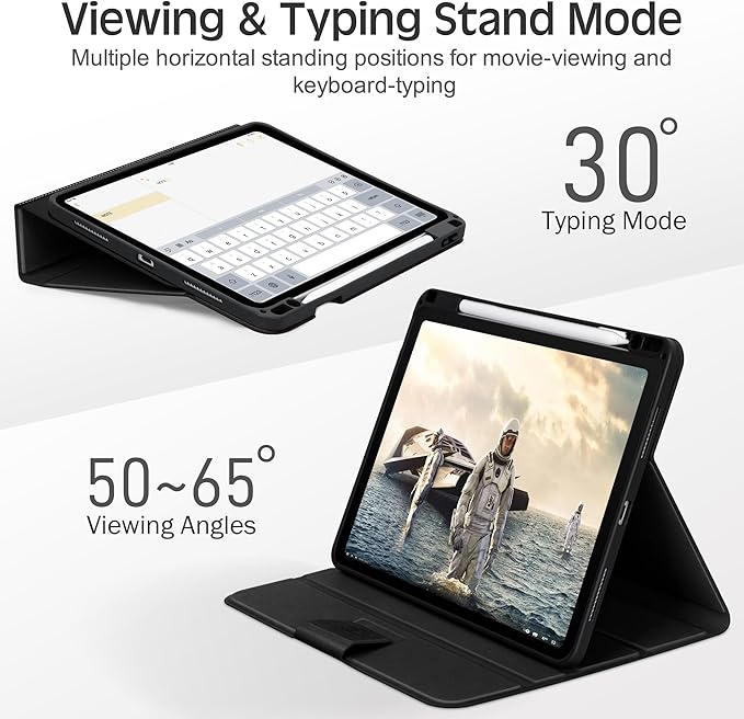 KingBlanc Case for iPad Air 13 inch (M3 2025/M2 2024) with Pencil Holder, Vegan Leather Protective Stand Cover, Auto Wake/Sleep, Multi-Angles for Viewing/Drawing, Supports Pencil Pro/(USB-C), Black