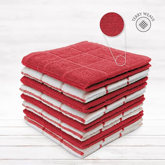 Mellow Buff 100% Cotton Terry Dish Cloth & Dish Towel, 6 Pack, Super Soft and Absorbent Kitchen Towels, Perfect for Kitchen Cleaning and Dish Washing (RED (Solid and Checks) 8 Pack)