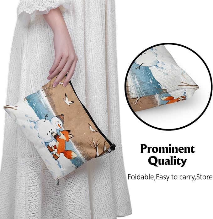 Cafl Fox Making Snowman Makeup Bag Travel Large Winter Cosmetic Bag Organizer toiletry Essentials Jewelry Zipper Bag Gift For Women -10×8 inch