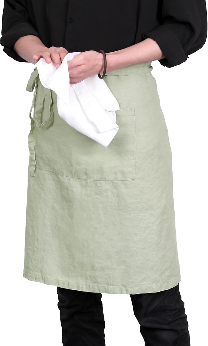 Pure Linen Bistro Half Apron - 25 x 35 Inch Unisex Waist Aprons with Large Pocket Ideal for Kitchen Crafts and More