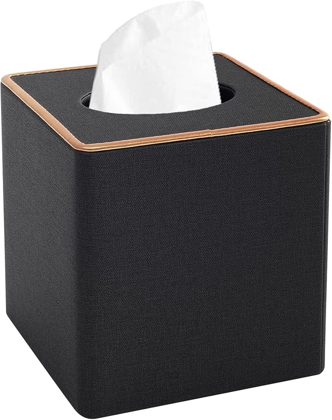 XNONE Tissue Box Cover Square Tissue Box Holder PU Leather Facial Organizer with Magnetic Bottom,Decorative Napkin Caddy for Vanity Dresser Night Stand Table Countertop Home Office Car,Black