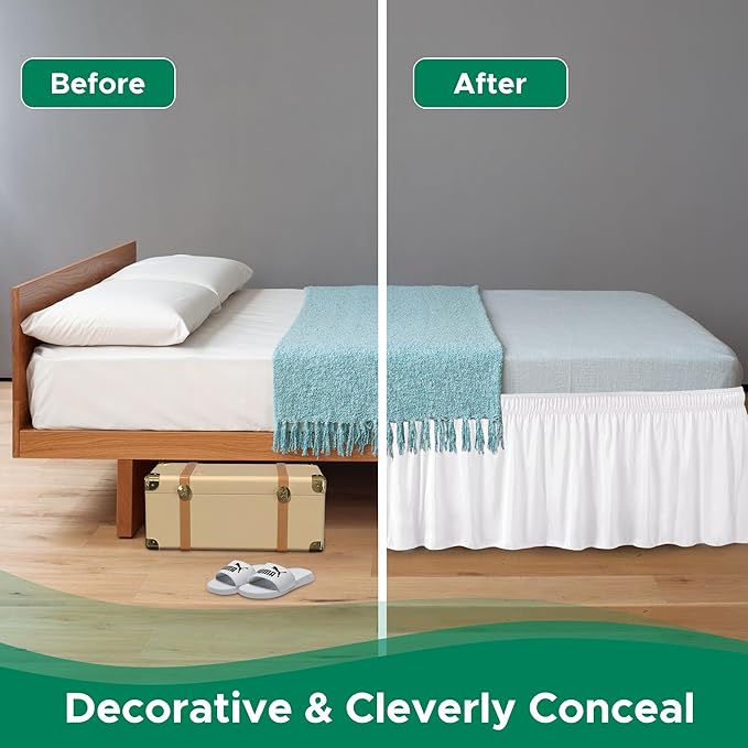 Biscaynebay Wrap Around Bed Skirts for Queen Beds 17" Drop, White Adjustable Elastic Dust Ruffles Easy Fit Wrinkle & Fade Resistant Silky Luxurious Fabric Solid Machine Washable