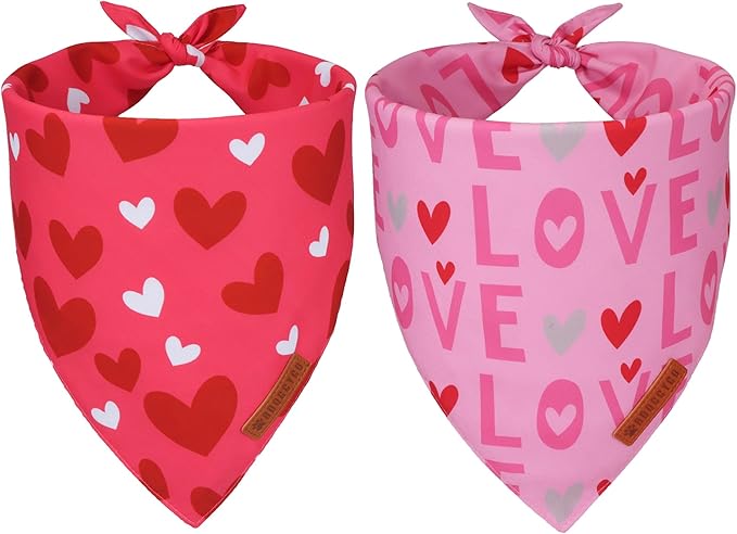 ADOGGYGO Valentine Dog Bandana, Heart and Love Pet Scarf, Premium Durable Fabric, Red Pink Valentine Bandanas for Medium Large Dogs (Large)