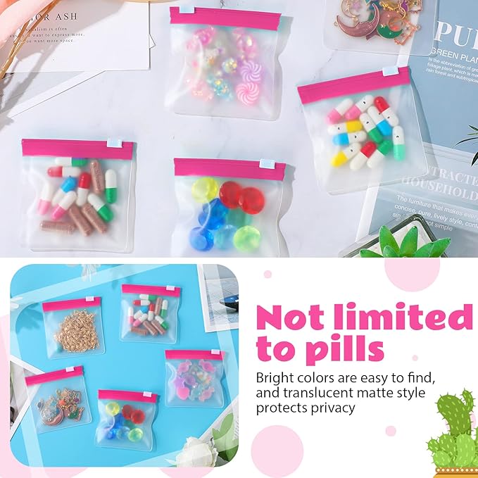 24 Pieces Pill Pouch Bags Zippered Set Reusable Translucent Medicine Organizer Sealing Travel Plastic Bags with Slide Lock for Storage(Pink)