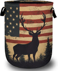 American Flag Deer Laundry Basket with Sturdy Handles, Memorial Day Patriotic Collapsible Oxford Cloth Laundry Hamper Organizer Basket for Bathroom Bedroom 15.7x20 Inch