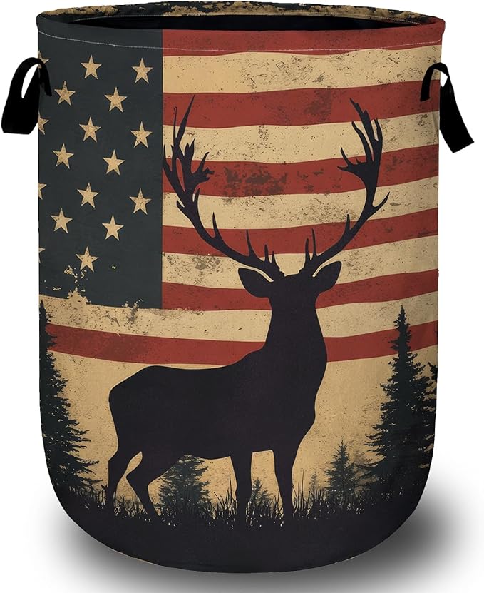 American Flag Deer Laundry Basket with Sturdy Handles, Memorial Day Patriotic Collapsible Oxford Cloth Laundry Hamper Organizer Basket for Bathroom Bedroom 15.7x20 Inch