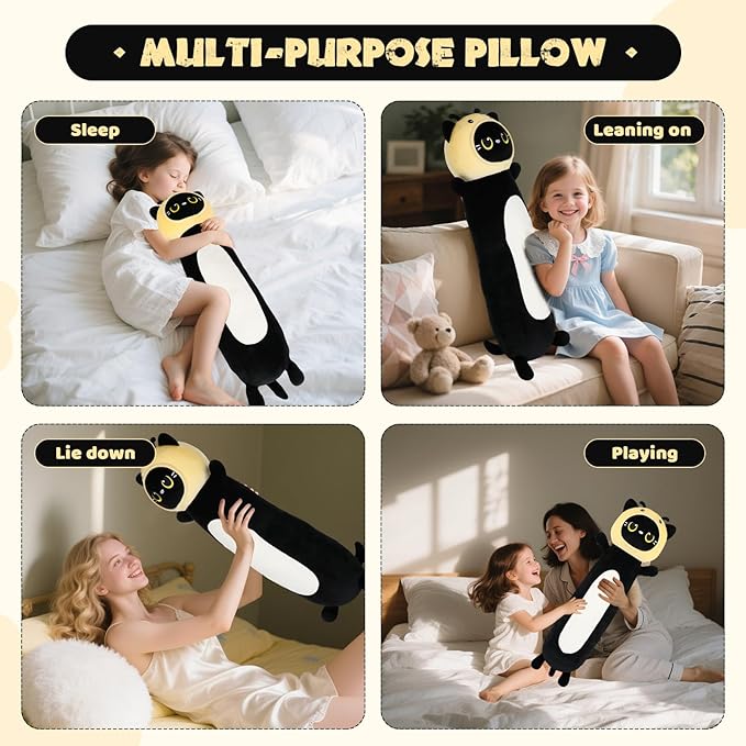 HAIJUNYA 22 inch Bee Black Cat Long Plush Body Pillow Toy, Kitten Plushies with Stuffy Honeybee Oufit Big Stuffed Animals Gfit for Kids Boys Girls, Birthday, Halloween, Christmas