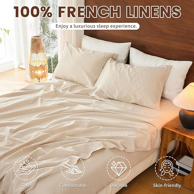 Bedlifes 100% French Pure Linen Sheets Queen Size Breathable and Cooling Flax Sheet Set Soft Durable and Moisture Wicking 16 Inch Deep Pocket-4 Piece(Queen,Linen)