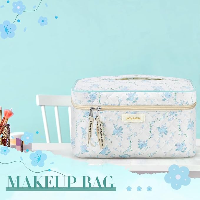 Zeyune 3 Pcs Makeup Bag Quilted Cosmetic Bags Large Floral Makeup Bag Set for Women Cotton Flower Travel Toiletry Storage Cute with Zipper for Women Mom Birthday Gift Home Bathroom(Peony)