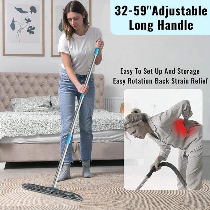 OKcedier Carpet Rake for Pet Hair Removal Tool, 3 in 1 Carpet Scraper with 59" Adjustable Handle, Silicone Rug Rake for Dog & Cat Hair, Pet Hair Remover for Furniture, Couch, Pet Bed & Car Interior