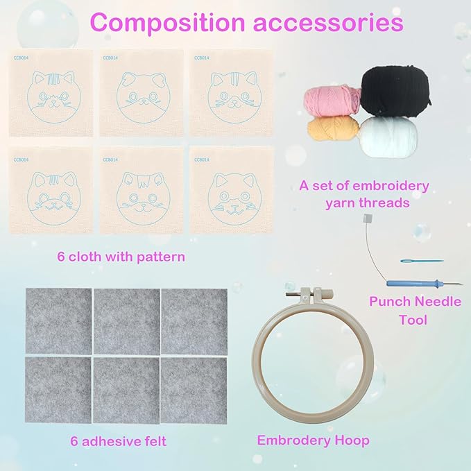 57lilina Punch Needle Coaster Kit for Adults Beginners, 6 Set Complete Animal Cat Punch Needle Stitching Embroidery Art Kit, Step-by-Step Guide Make Punch Needling Drink Coasters for Starter