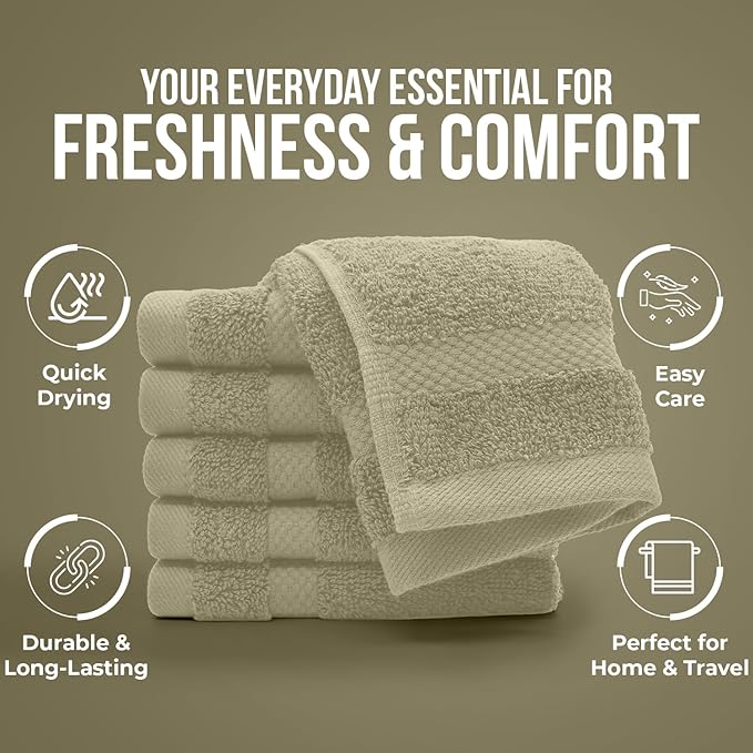 DAN RIVER 12-Pack Premium 100% Cotton Beige Face Towels for Bathroom - Reusable Face Wash Cloths for Showering 12x12 Inches - 550 GSM Super Soft & Absorbent Luxury WashCloths for Body, Spa & Gym
