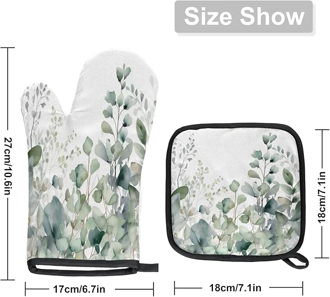 Sage Green Eucalyptus Oven Mitts and Pot Holders Sets, 2 Pcs Decorative Kitchen Oven Glove for Cooking