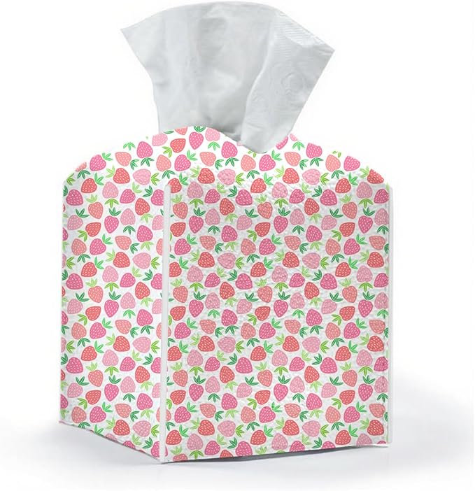 Tissue Box Cover, Tissue Box Holder, Square with Belt Bottom, PU Leather Decorative Organizer for Desk, Tabletop, Countertop Bathroom, Toilet Car, Office, Dresser Bedside, Aesthetic Strawberry Decor