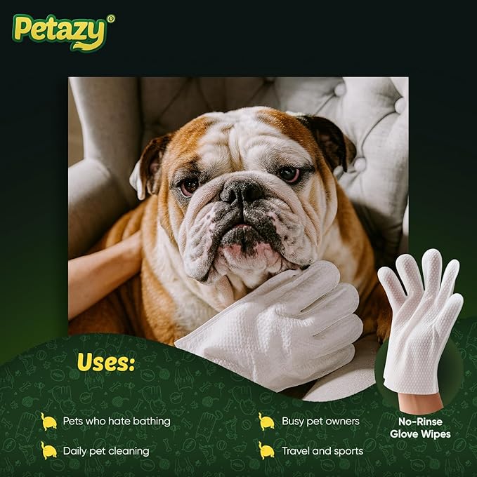 Petazy Pet Glove Wipes for Dogs & Cats – 50 Pack | Hypoallergenic, No Rinse, Extra Thick Cleaning Gloves with Aloe & Coconut Oil | Paws, Face, Ears & Butt | Travel Friendly, Gentle & Safe