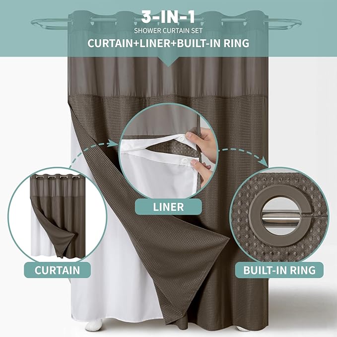 eachope Brown No Hook Waffle Weave Shower Curtain with snap-in Liner Replacement, 230GSM Waterproof Fabric Hotel Shower Curtain Set for Bathroom, Through Mesh Top Window,71Wx74H