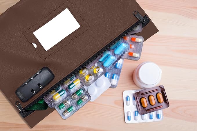 GIDABRAND Medicine Bag with Lock | 12x8 Inch Med Bag | Medication Bag for Traveling | Small Pills Organizer (Dark Brown)