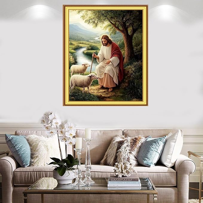 Foxnyart Stamped Cross Stitch Kits Full Range of Embroidery Needlework Starter Kits for Beginners Adults 11CT Embroidery Patterns Art Crafts DIY Needlepoint Kit-Shepherd Under Tree Jesus 16x20 inchs