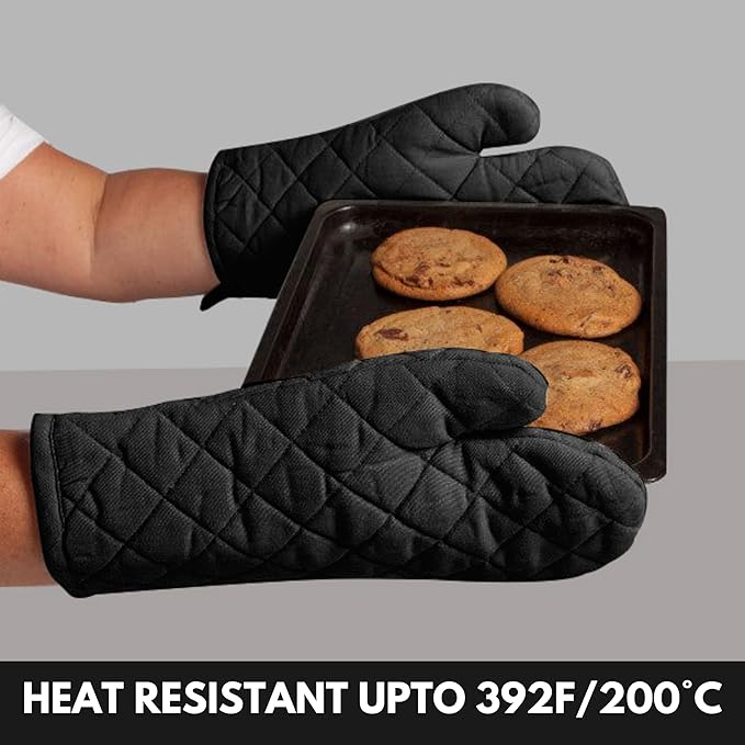 Oven Mitt & Pot Holder 100% Cotton Easter Heat Resistant Oven Gloves (7"x13") & Hot Pads (8"x8") Combo for Gifts, Cooking - Black