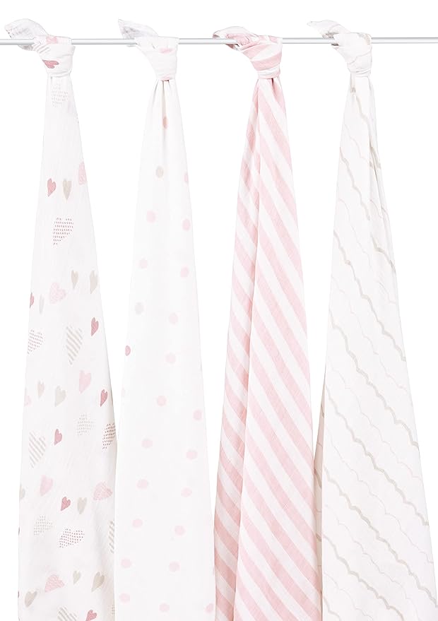 aden + anais Boutique Muslin Swaddle Blanket for Baby Girls and Boys, Newborn Receiving Blanket for Swaddling, 100% Muslin Cotton Swaddle Wrap, 4 Pack, Heart Breaker