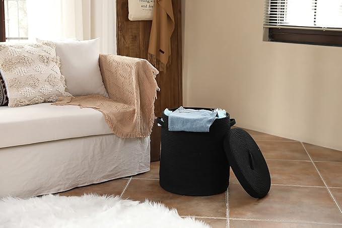16" x 16" x 18" Extra Large Storage Basket with Lid, Cotton Rope Storage Baskets, Laundry Hamper, Cloth Bin, for Clothes Towels Blankets Pillows Storage in Living Room, All Black Basket with Cover