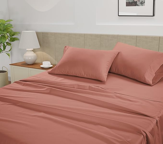 LANE LINEN Cali King Sheets – 450 Thread Count 100% Cotton Bed Sheets, Soft & Naturally Cooling, 15” Deep Pocket Fully Elasticized Fitted Sheet, Hotel Quality Bedding Sheets & Pillowcases, Rose Dawn