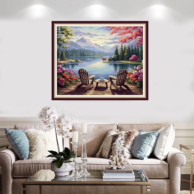 Foxnyart Stamped Cross Stitch Kits Full Range of Embroidery Needlework Starter Kits for Beginners Adults 11CT Embroidery Patterns Art Crafts DIY Needlepoint Kit-Tea and Rest by The Lake 16x20 inch