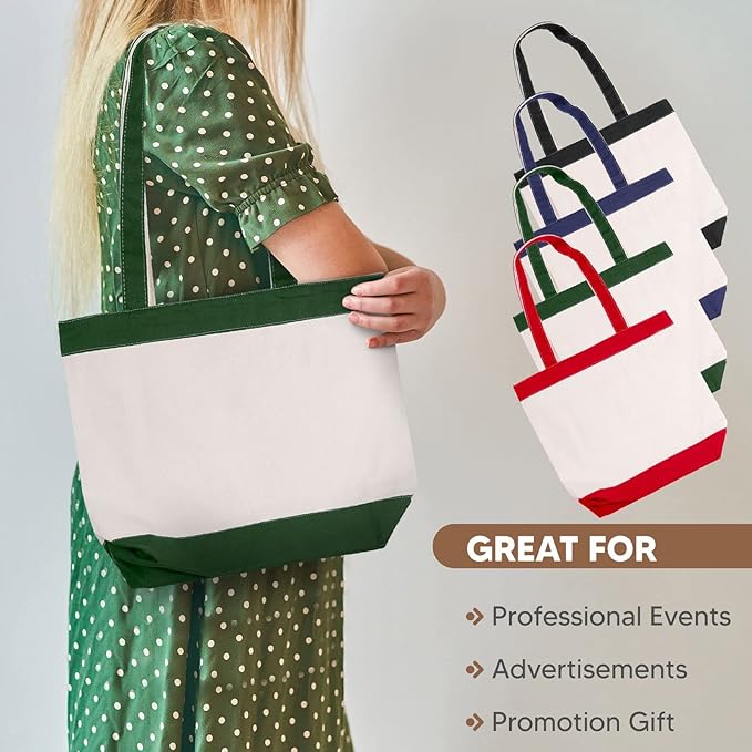 Canvas Tote Bags for Women - Large Aesthetic Eco-Friendly Reusable Grocery & Beach Tote, 16X14.5X4' Hunter Green/Black 2pk