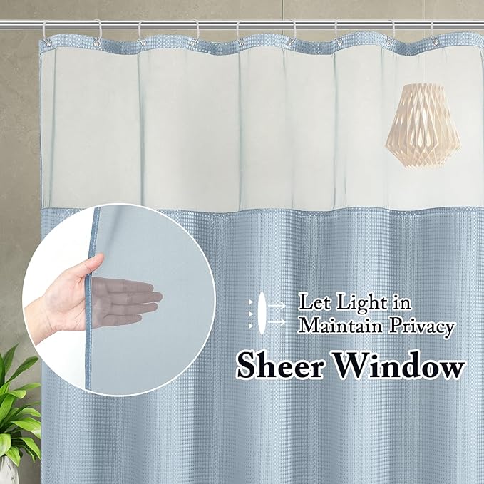 Gibelle Waffle Weave Shower Curtain with Mesh Top Window and Hooks Set, Spa Like Hotel Style Fabric Shower Curtain for Bathroom, Fog Blue, 72x72