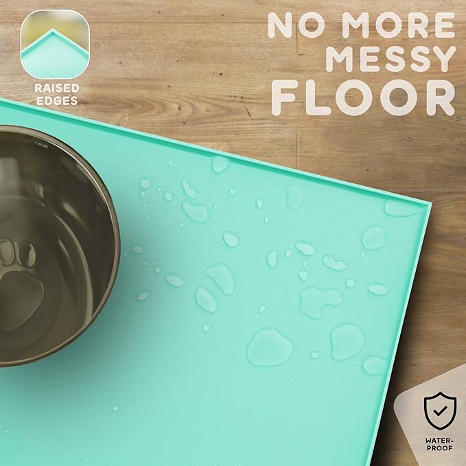 PetHappily Dog Food Mat - Raised Edges Dogs Mat for Food and Water Prevent Spill, Waterproof Cat Food Mats Protect Floors, Easy Clean Dog Bowl Mats for Food and Water, Silicone Pet Food Tray