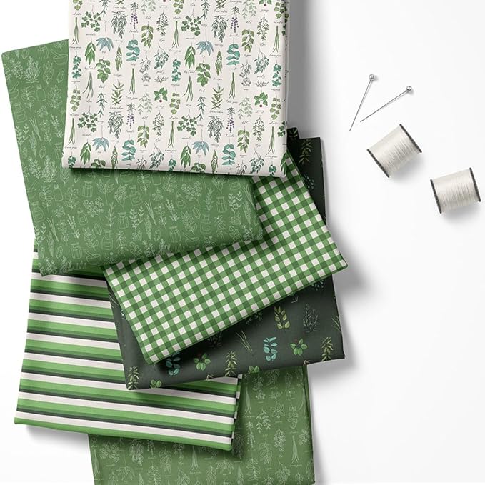 Patchwork Fabric Panel 100x155 cm, 100% Cotton Satin, 6 Coordinated Botanical & Gingham Patterns, Green Nature Quilting & Sewing Fabric (Fresh Herbs, 6pcs 50x50cm)