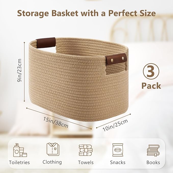 ECDYQXVU Cotton Rope Basket, Storage Baskets with Handle, 15x10x9 Inch Woven Basket for Shelves, Laundry, Towels, Clothes, Books (Jute/Brown 3Pack)