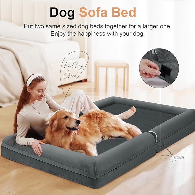 Large Dog Bed Orthopedic Washable: Jumbo Dog Bed Bolster Extra Large Dogs Egg Crate Foam Sofa Couch Waterproof Removable Cover - Dark Grey