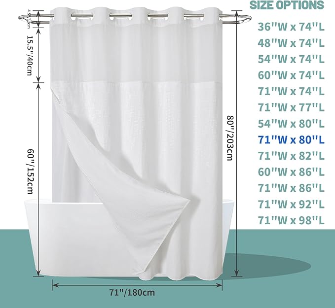 eachope White Long No Hook Waffle Weave Shower Curtain with snap-in Liner Replacement, 230GSM Waterproof Fabric Hotel Shower Curtain Set for Bathroom, Through Mesh Top Window,71Wx80H