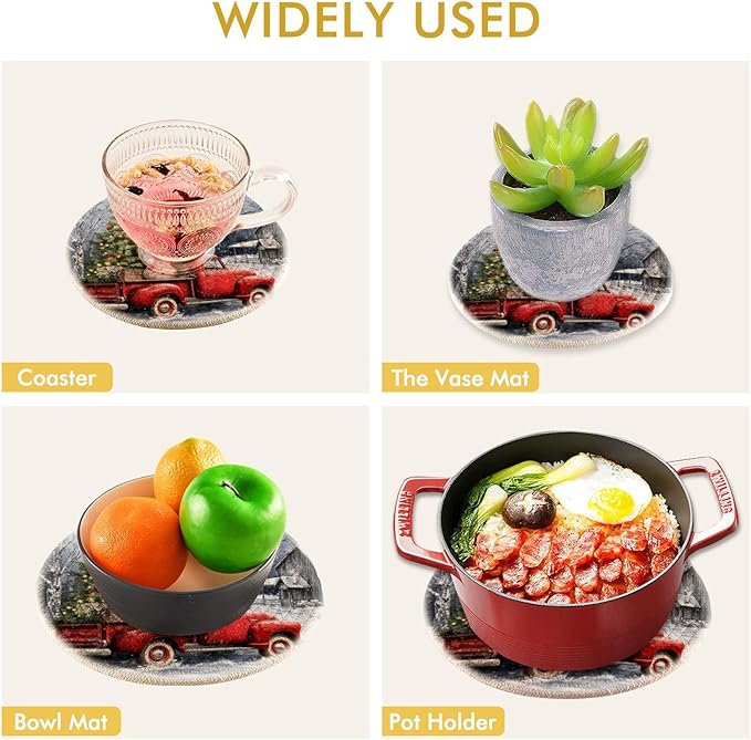 Boccsty Winter Red Truck Trivet Mat 2PCS Snowflake Christmas Tree Dog Cardinal Bird Round Woven Potholders Kitchen Table Countertop Protector Hot Pads Farmhouse Coasters Counter Mats for Cooking Baki