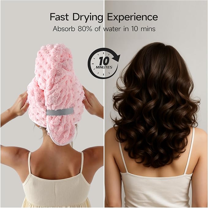 REDKISS 2 Pack Microfiber Hair Towels - Extra Large Hair Towel Wrap for Women, 24x42 inch Pink Hair Towels with Elastic Strap, Super Soft Grey Hair Drying for Long, Curly Anti Frizz Turbans