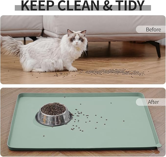 Reopet Waterproof Pet Feeding Mat with High Raised Edges, Heavier and Thicker Placemats for Cat Dog Water Bowl with BPA Free, Dogs Cats Food Mats for Messy Drinkers to Prevent Spill and Protect Floors