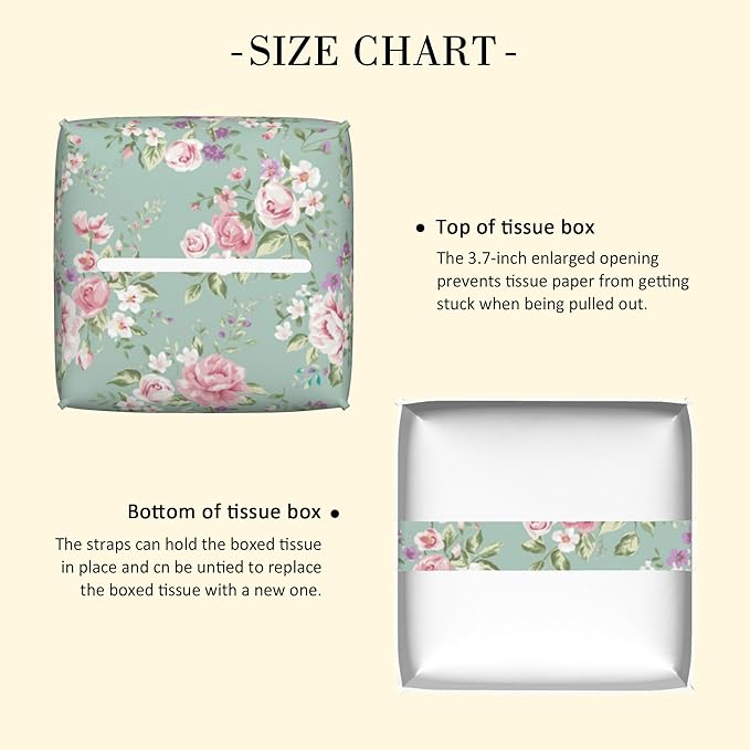 POIUBLE Vintage Floral Tissue Box Cover Pink Rose Leather Tissue Box Holder Square Facial Paper Organizer Dispenser for Bathroom Kitchen Bedroom Vanity Countertop Night Stands