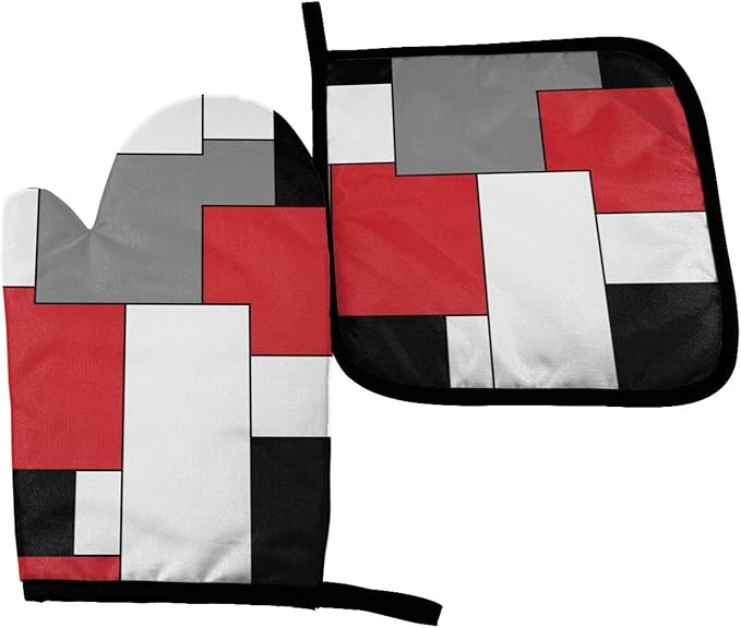 Red White Black Grey Geometric Oven Mitts and Pot Holders Insulated Gloves & Kitchen Counter Safe Mats for Cooking BBQ Baking Grilling (2-Piece Set)